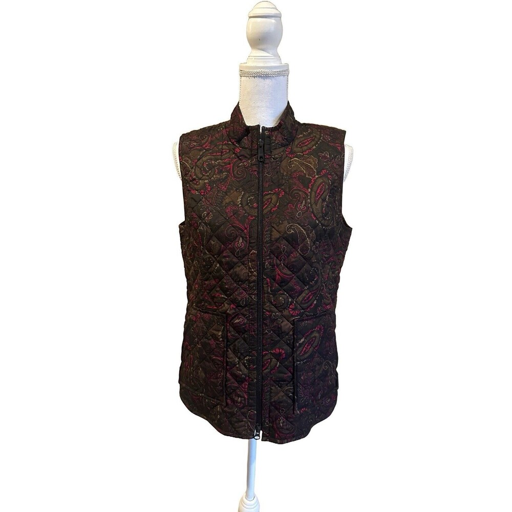 J Jill Womens Heritage Quilted Vest Small Brown Paisely Full Zip